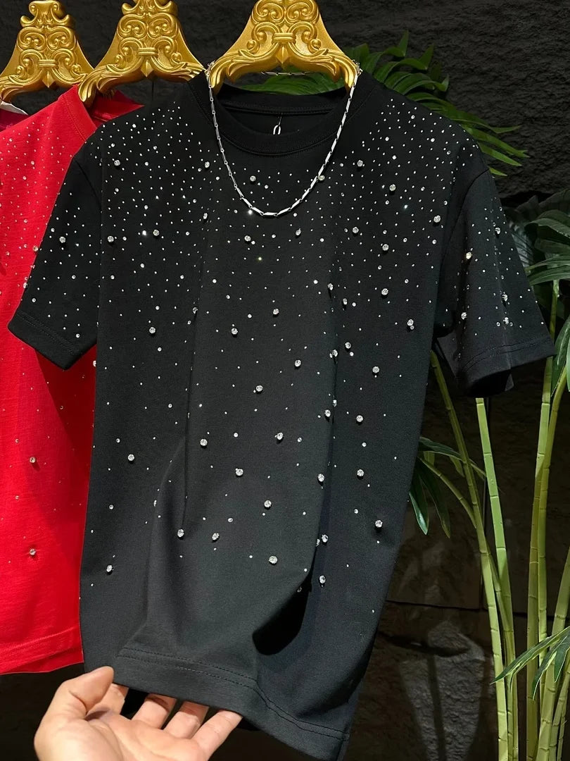 T-shirts chaud diamant Rivets ciel étoilé à manches courtes pour hommes de luxe polyvalent
