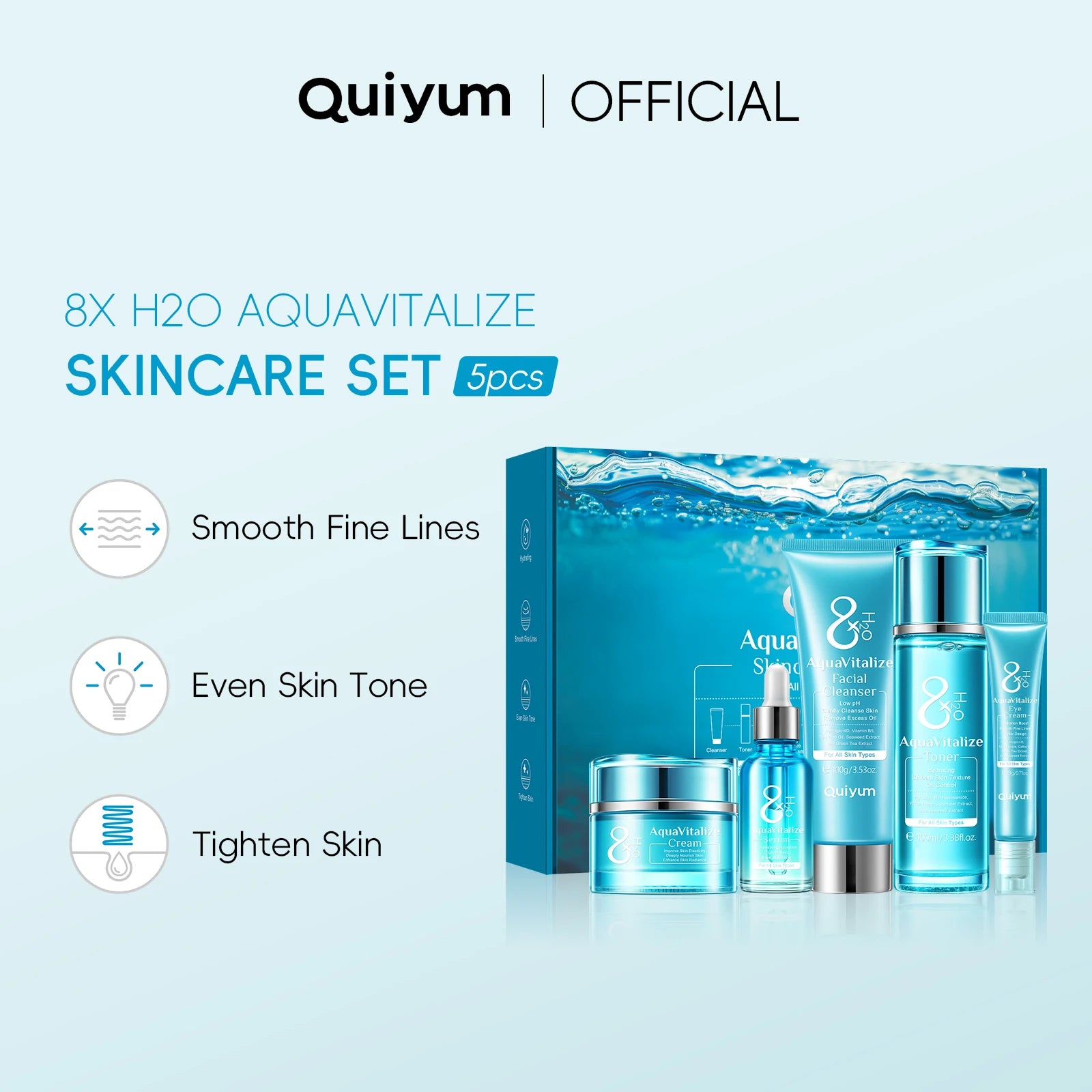 QUIYUM 8X H2O AquaVitalize ensemble de soins de la peau 5 pièces Kit d'hydratation profonde lissage des rides traitement de serrage coffret cadeau