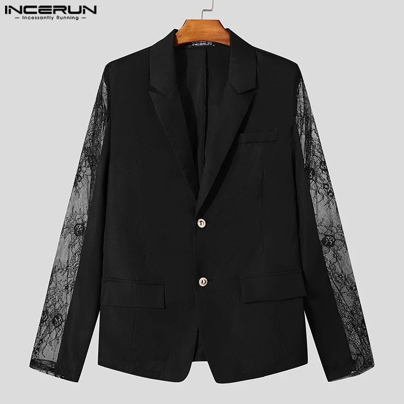 Mode Style décontracté hauts INCERUN nouveaux hommes Perspective dentelle épissage conception costume manteaux mâle solide à manches longues Blazer S-5XL 2024