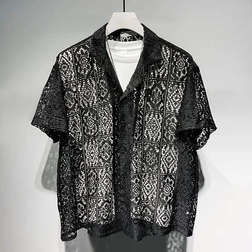 Chemise en dentelle transparente creuse à manches courtes pour hommes, chemise décontractée unisexe, mode sans sexe, lettres de qualité, rétro, sexy, nouveau, 2024
