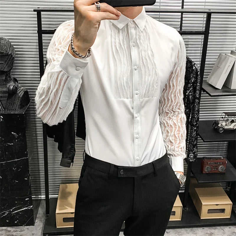Chemises ajourées en dentelle pour hommes, manches longues, coupe Slim, Streetwear, fête sociale, Blouse, discothèque, chanteur, vêtements Dj, Camisas Para Hombre