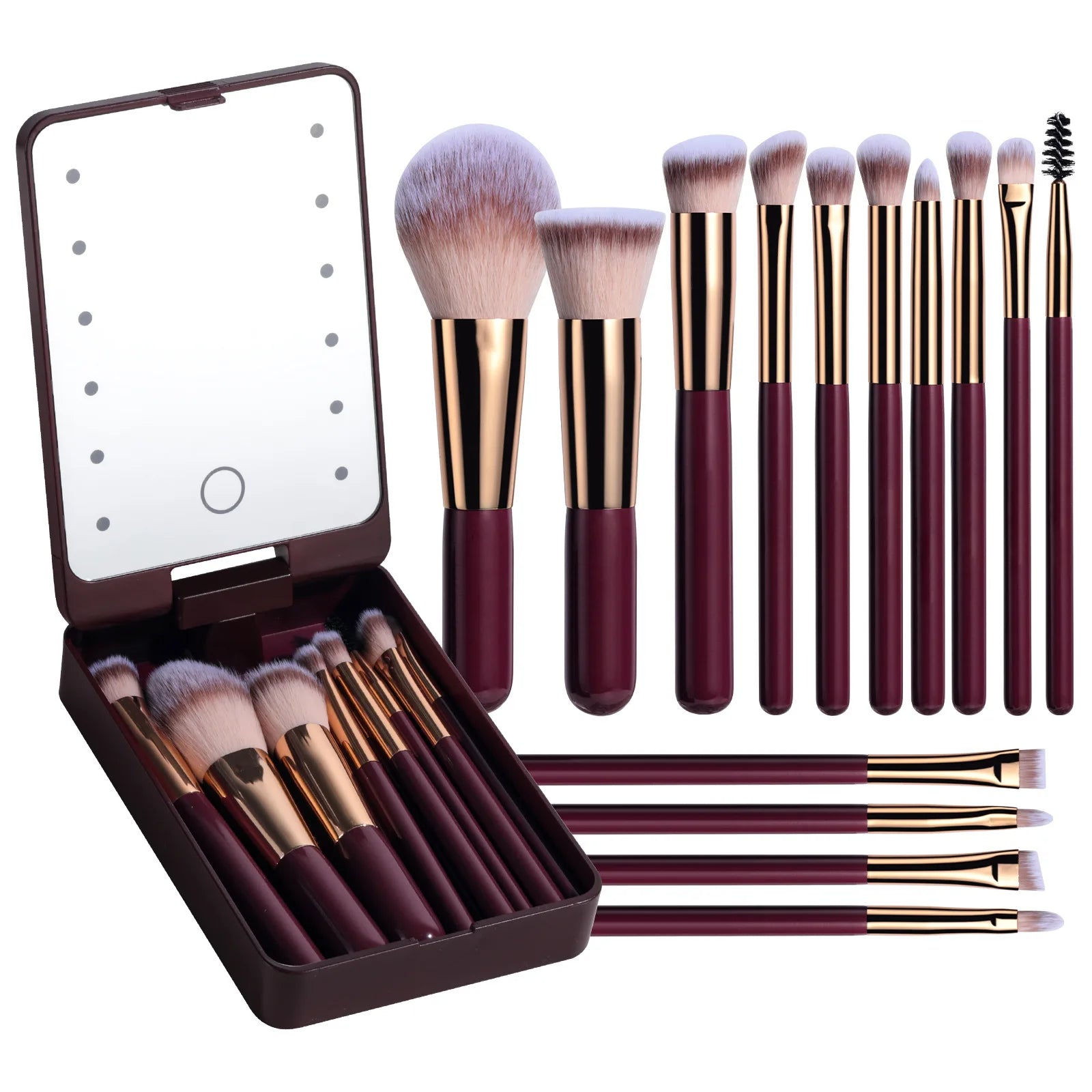 14 pièces ensemble de pinceaux de maquillage avec miroir éclairé Portable poignée courte lumière LED USB Kit de pinceaux de maquillage rechargeables