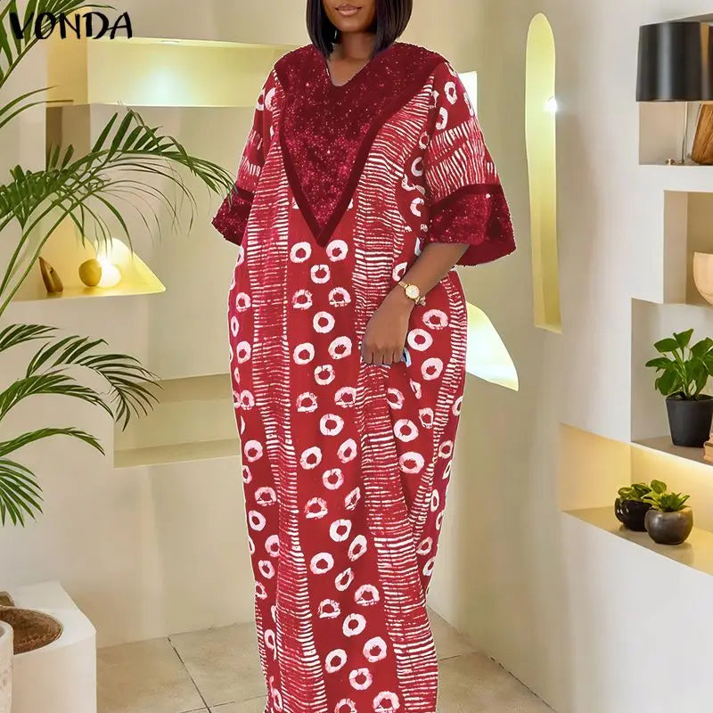 Boubou femmes bohème Robe longue paillettes Patchwork Maxi robes décontracté impression Vintage automne