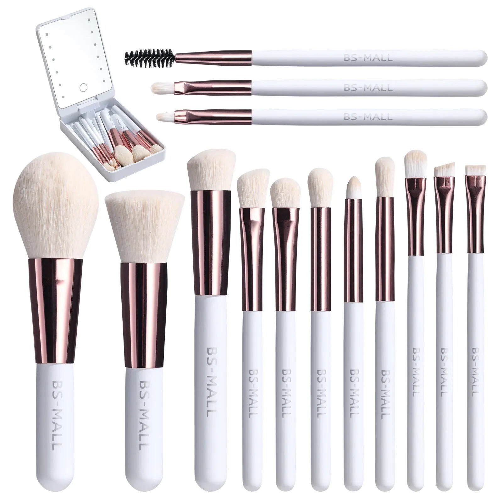 14 pièces ensemble de pinceaux de maquillage avec miroir éclairé Portable poignée courte lumière LED USB Kit de pinceaux de maquillage rechargeables