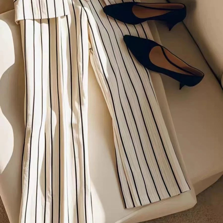Ensemble mode rayé costume femmes été sans manches simple boutonnage gilet + pantalon à jambes larges bureau 2 pièces
