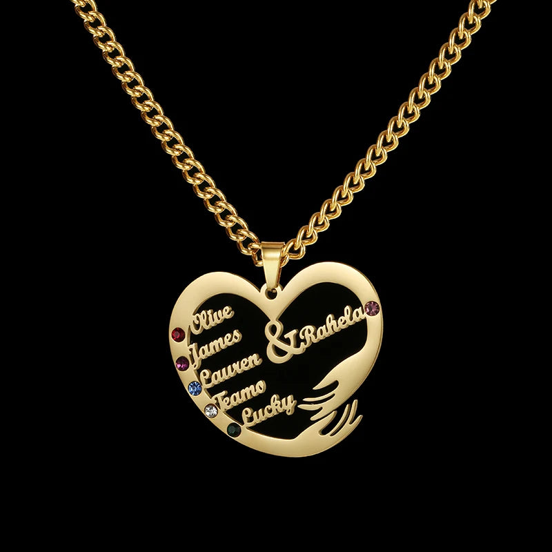 Collier personnalisé avec noms de famille, pendentif personnalisé en acier inoxydable avec chaîne cubaine de 3mm, pierre de naissance, cœur, câlin à la main, arbre de vie