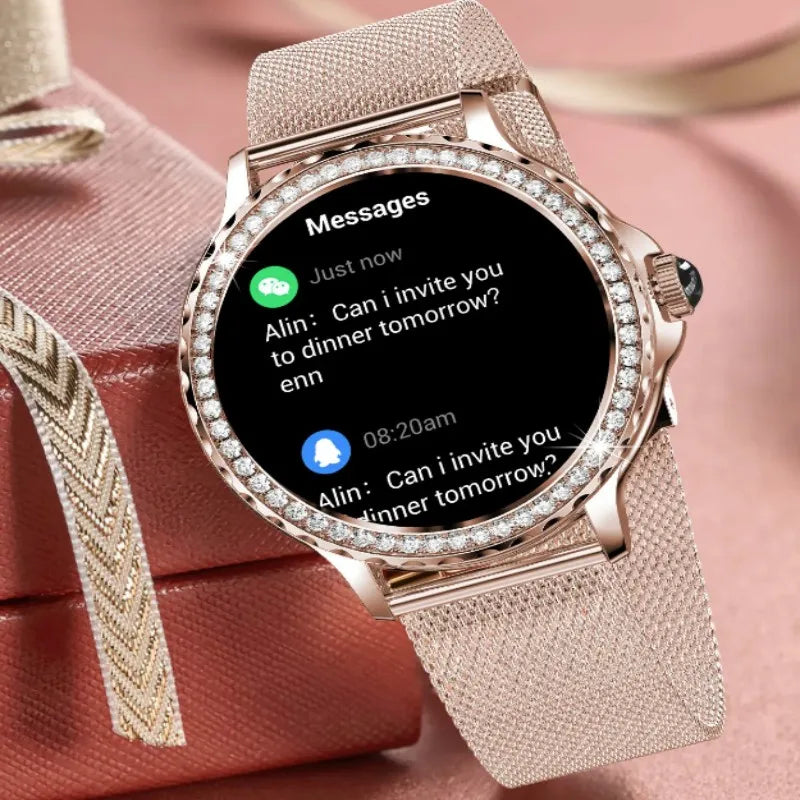 Montre intelligente diamant femme bracelet en métal 1.3 pouces écran HD appels Bluetooth moniteur de santé décoration de mode montre-bracelet