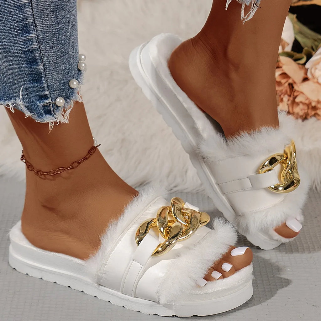 Pantoufles poilues avec boucle en métal pour femmes, nouvelle marque de luxe,  pantà la mode, automne/hiver 2024