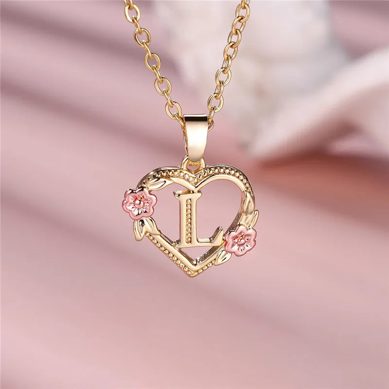 Collier pendentif fleur lettre A-Z pour femmes, couleur or jaune, bijoux de mariage, cadeau pour femmes