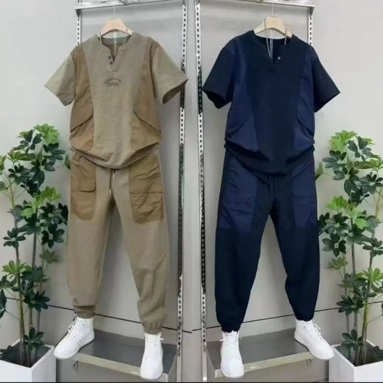Costume brodé fin à manches courtes pour hommes, ensemble deux pièces pour hommes, pantalon décontracté en dentelle, à la mode, été
