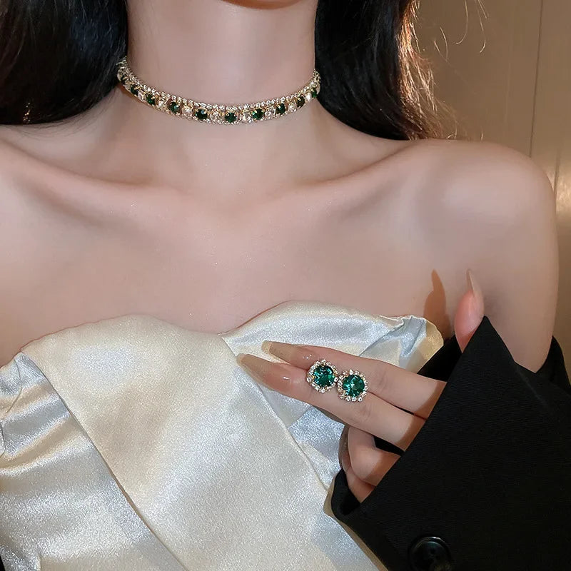 Ensemble collier et boucles d'oreilles en cristal de luxe pour femmes, ensembles de bijoux, accessoires, champagne, vert, bleu, noir, fête de mariage
