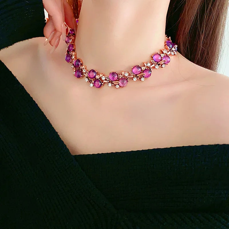Collier rouge pour femme, fleur de cuir chevelu, breloques en métal, bracelet vintage, ensembles de bijoux exquis, tempérament, vente en gros