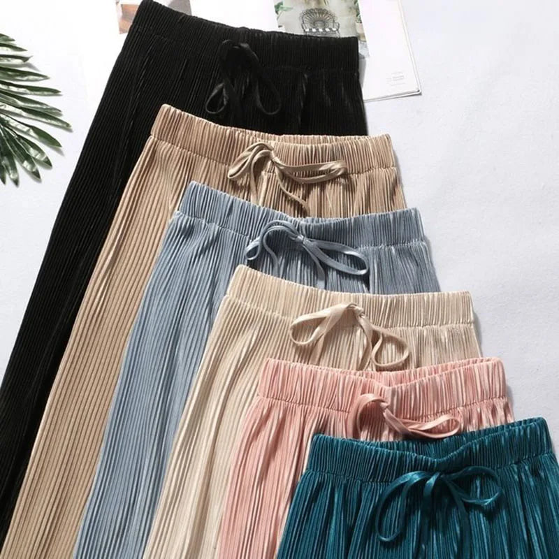 Pantalon d'été plissé en soie pour femmes, couleur unie, taille élastique, jambes larges, décontracté, en mousseline de soi