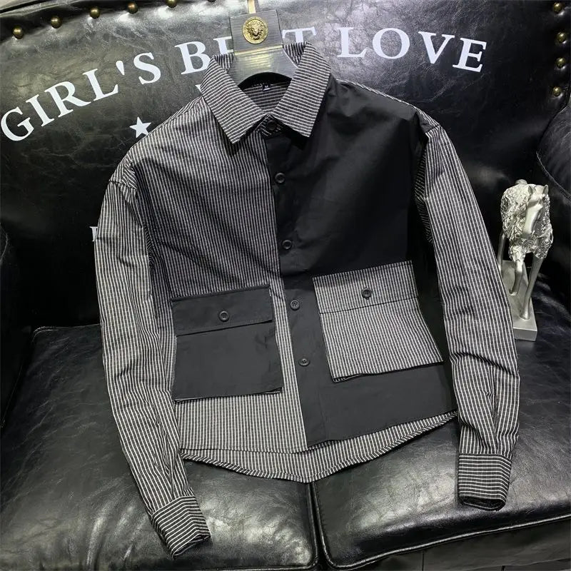 Chemise Simple à manches longues pour hommes, avec blocage de couleur, tendance et beau, vêtements d'extérieur haut de gamme, Patchwork, veste supérieure cintrée