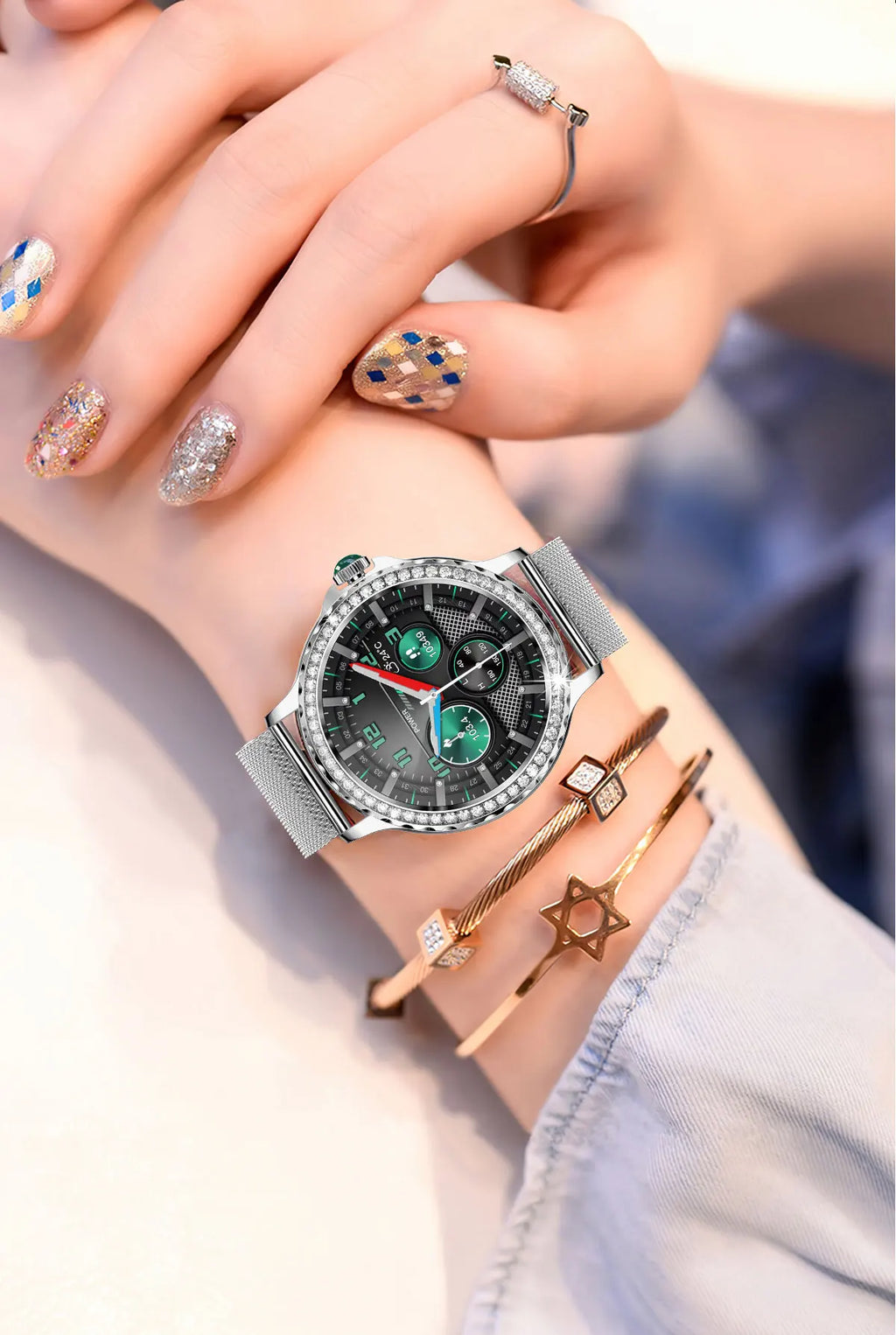 Montre intelligente diamant femme bracelet en métal 1.3 pouces écran HD appels Bluetooth moniteur de santé décoration de mode montre-bracelet