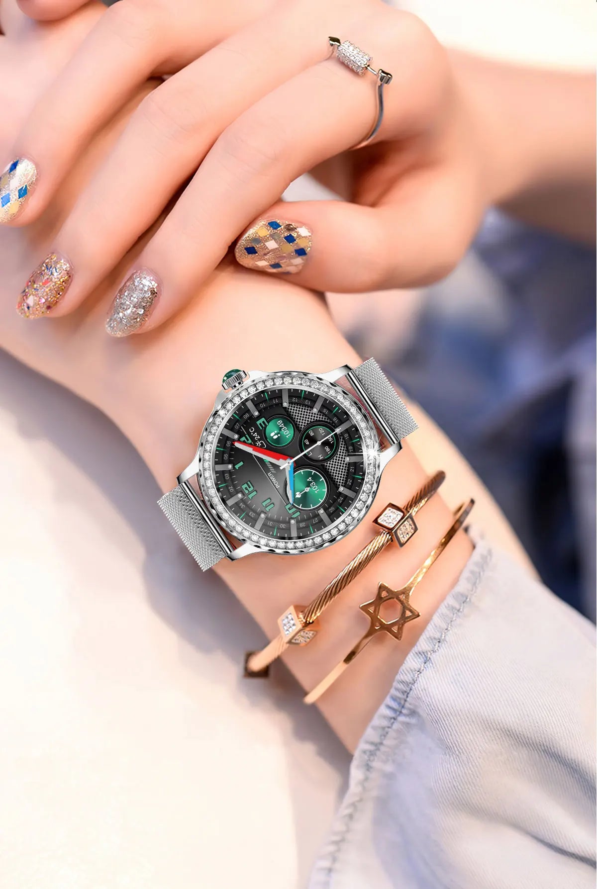 Montre intelligente diamant femme bracelet en métal 1.3 pouces écran HD appels Bluetooth moniteur de santé décoration de mode montre-bracelet