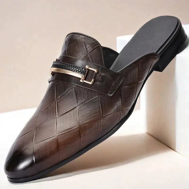 Mules plates pour hommes, pantoufles à enfiler en cuir de vache véritable, mocassins de luxe à motif Gerling, demi-chaussures fermées à bout pointu