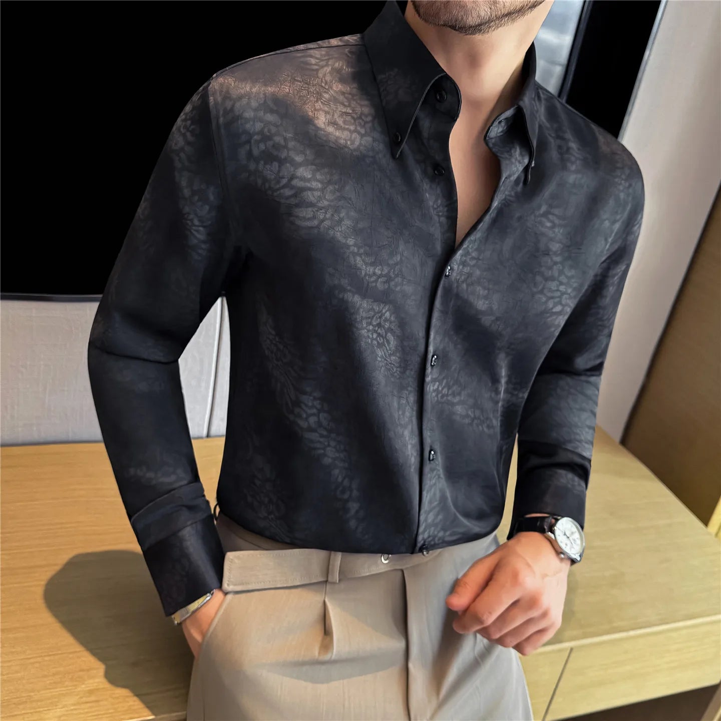 Chemises coréennes de luxe à imprimé dégradé pour hommes, chemise sociale à manches longues de haute qualité, robe cintrée drapée, chemisiers d'affaires