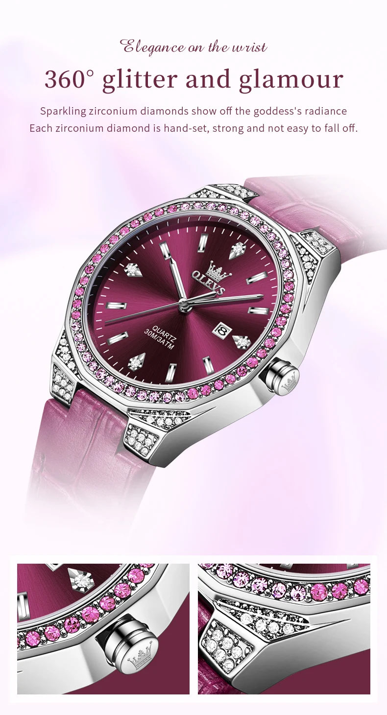 OLEVS Original femmes montres diamant tour mode bracelet en cuir 3m étanche lumineux dames montre-bracelet montre à Quartz pour les femmes
