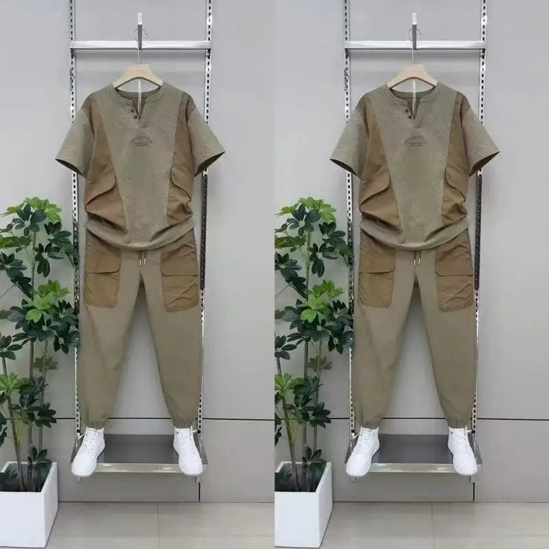 Costume brodé fin à manches courtes pour hommes, ensemble deux pièces pour hommes, pantalon décontracté en dentelle, à la mode, été
