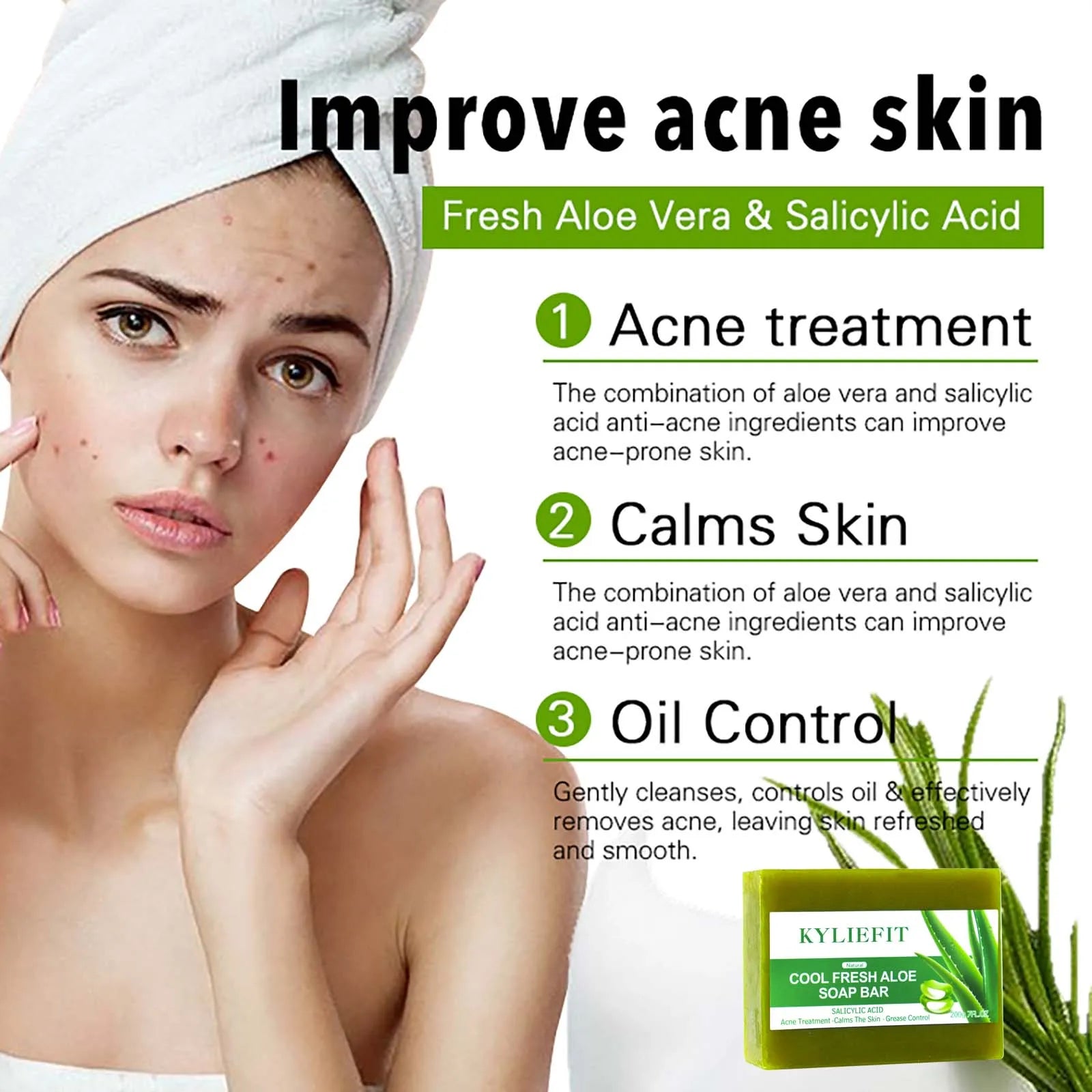 AILKE Savon blanchissant à l'aloe vera, élimine l'acné, les boutons, la peau rayonnante, améliore le lustre cutané, le bain végétalien pour tous les types de peau