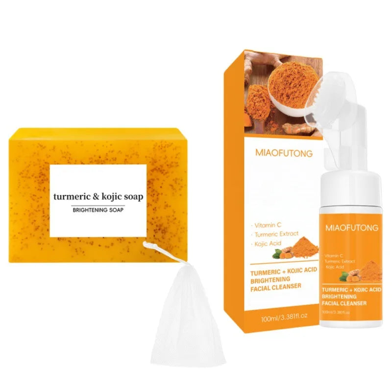 Ensemble nettoyant et savon au curcuma, nettoyage en profondeur, acide kojique, dissolvant de points noirs, nettoyage de la peau, contrôle de l'huile, estompe les marques d'acné, éclaircit