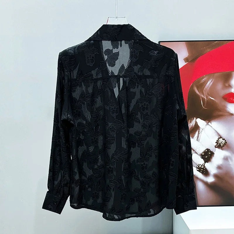 chemise  maille creux Jacquard hommes chemise ample 2025 printemps col rabattu simple poitrine mâle hauts