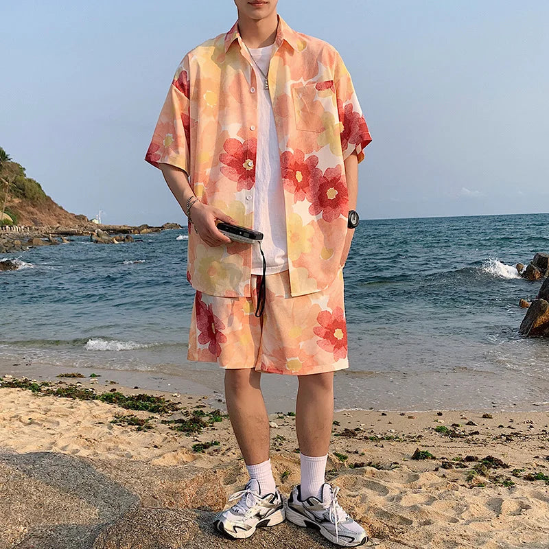 Ensemble de shorts assortis pour hommes, chemises à lettres rayées, tenues à imprimé floral, manches courtes, taille élastique, mince, surdimensionné, été