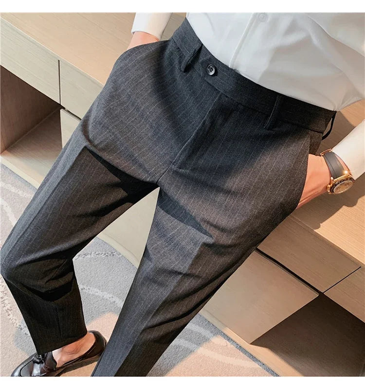 Pantalons décontractés à rayures noires pour hommes, trempés, vêtements de cérémonie pour hommes, robe de mariée, style britannique, affaires, boutique, qualité fjQuality