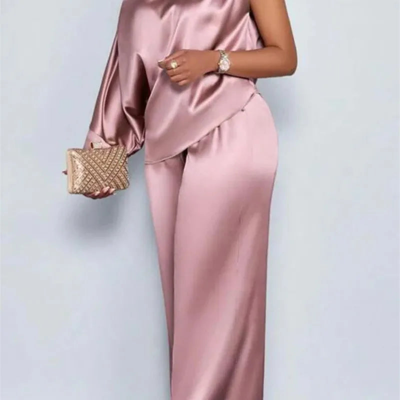 Ensemble  Costume pantalon en Satin pour femme, décontracté, col incliné, hauts à manches courtes, pantalons à jambes larges