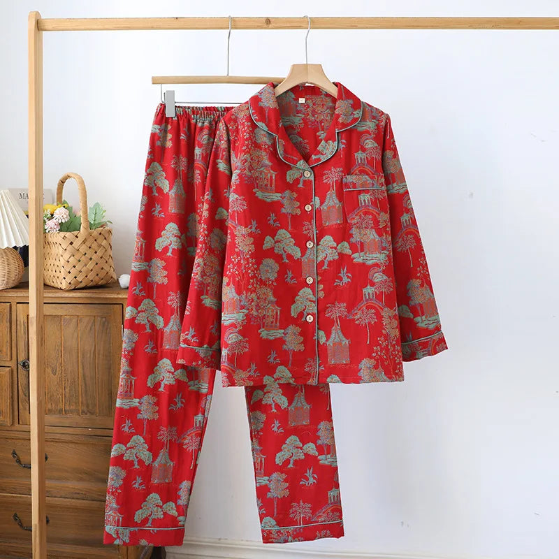 Ensemble pyjama en coton Jacquard pour femmes, couleur rétro, vêtements de maison tissés, manches longues, printemps et automne