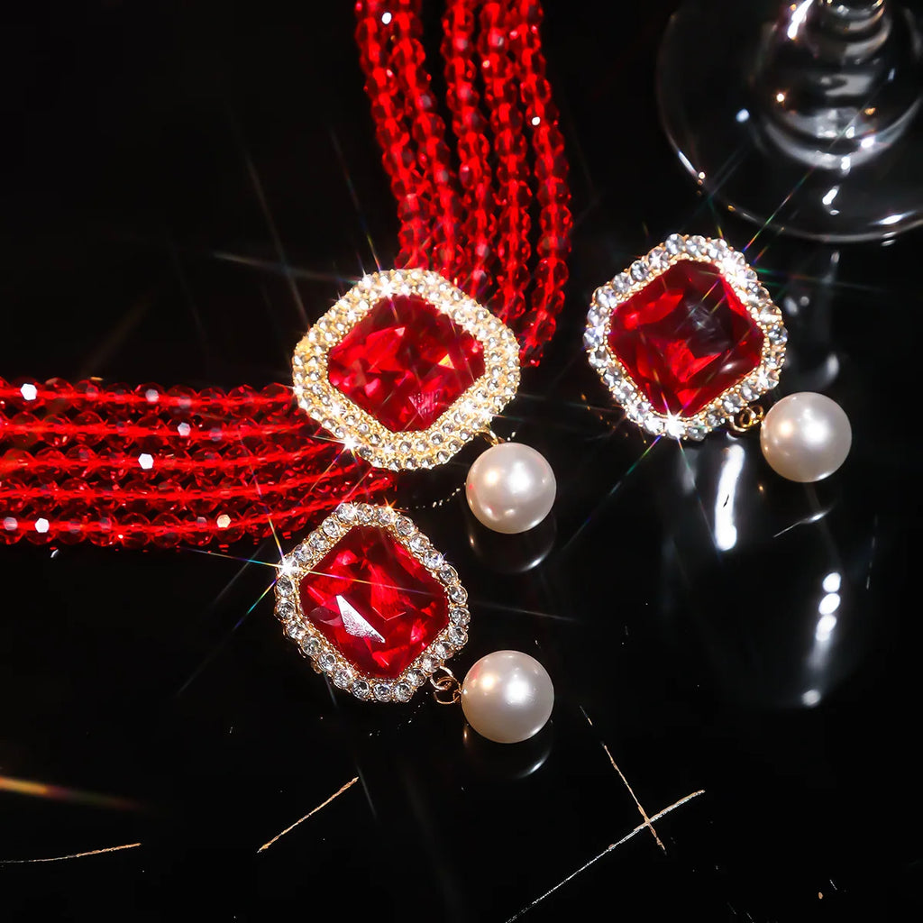FYUAN-Ensembles de bijoux multicouches pour femmes, collier en cristal, boucles d'oreilles en perles carrées géométriques, banquet de mariage, vert, rouge, bleu, noir