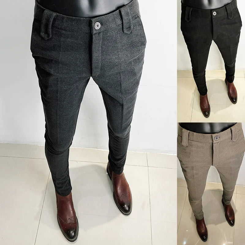 Pantalon hommes décontracté coupe ajustée pantalon droit formel affaires laine tissu Social bureau robe pantalon