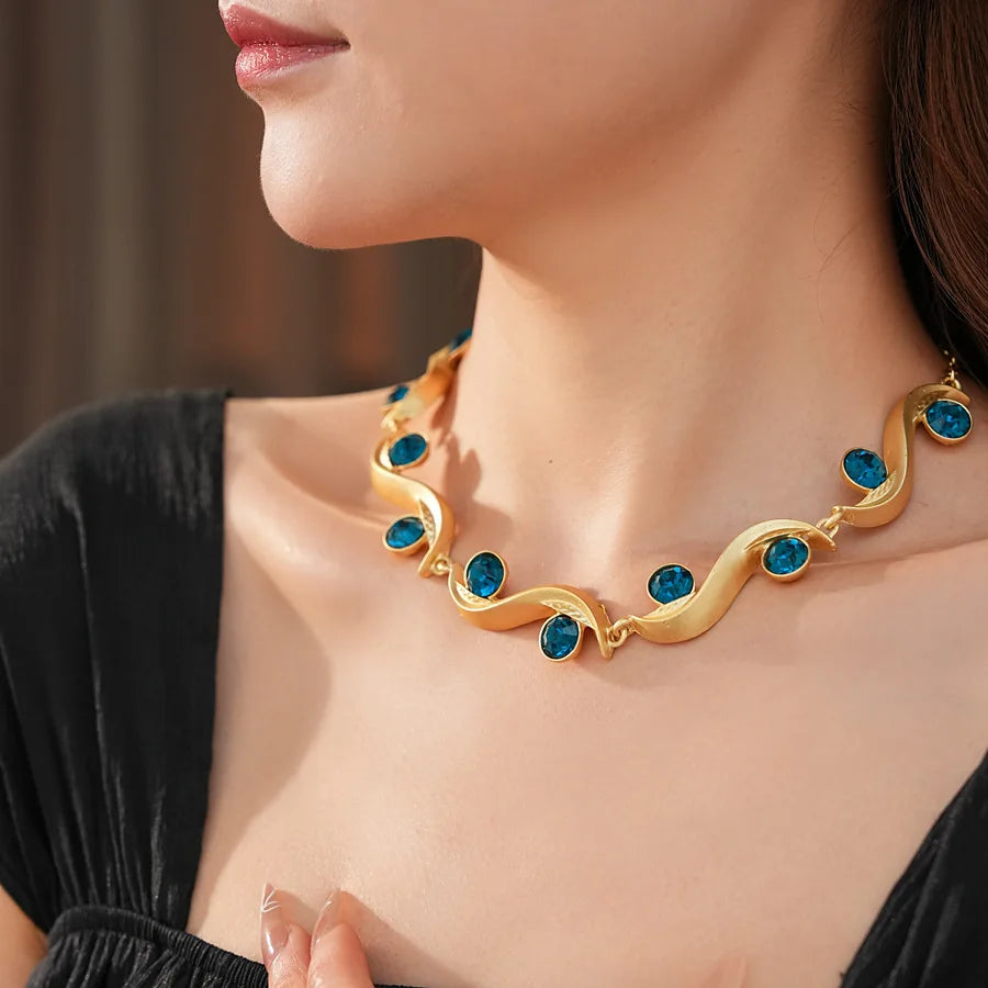 1/2 pièces Unique vague ronde longues boucles d'oreilles bleu strass chaîne réglable collier bohème femmes mode bijoux ensemble vacances N