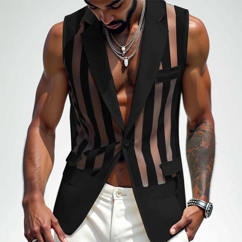 Hommes gilets maille rayé Transparent Sexy revers sans manches un bouton hommes gilets Streetwear 2025 mode gilets décontractés INCERUN
