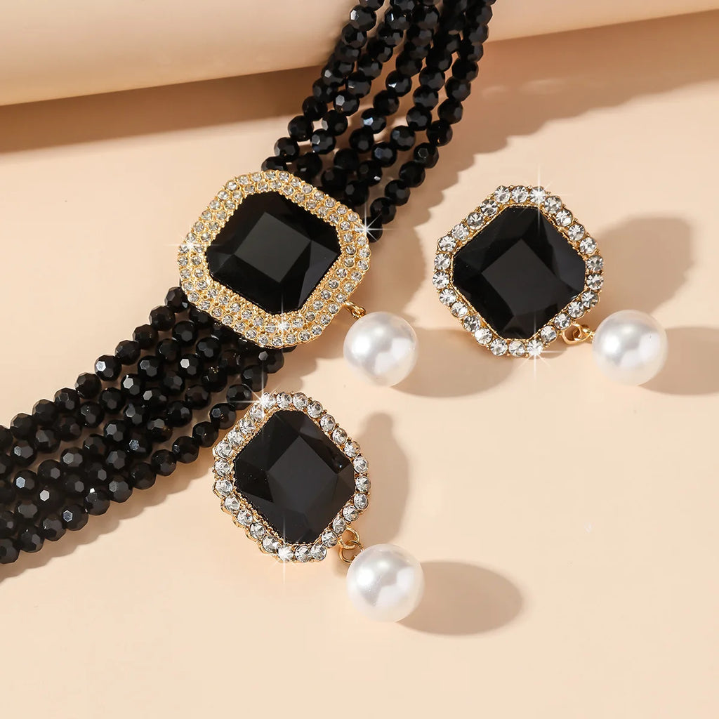 FYUAN-Ensembles de bijoux multicouches pour femmes, collier en cristal, boucles d'oreilles en perles carrées géométriques, banquet de mariage, vert, rouge, bleu, noir