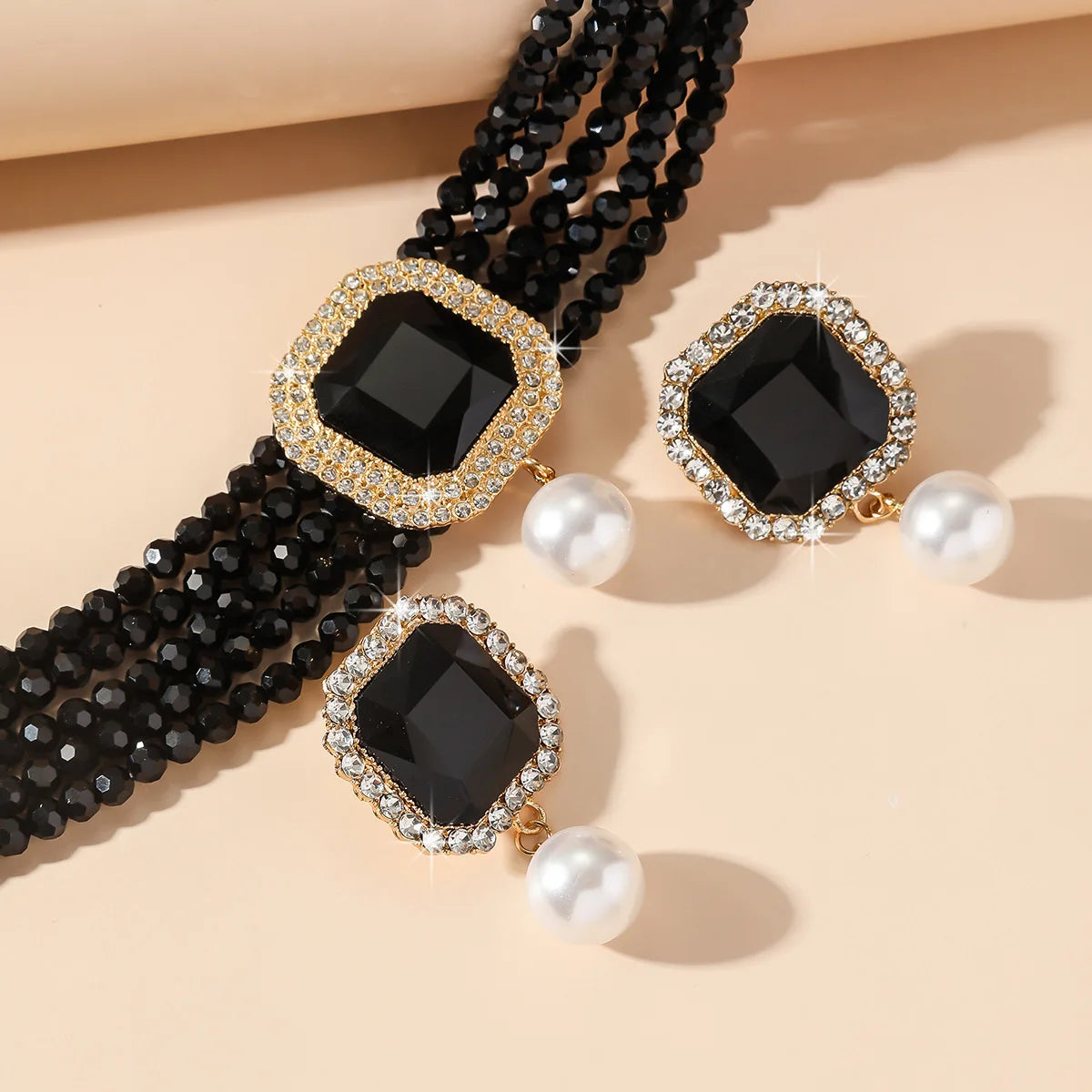 FYUAN-Ensembles de bijoux multicouches pour femmes, collier en cristal, boucles d'oreilles en perles carrées géométriques, banquet de mariage, vert, rouge, bleu, noir