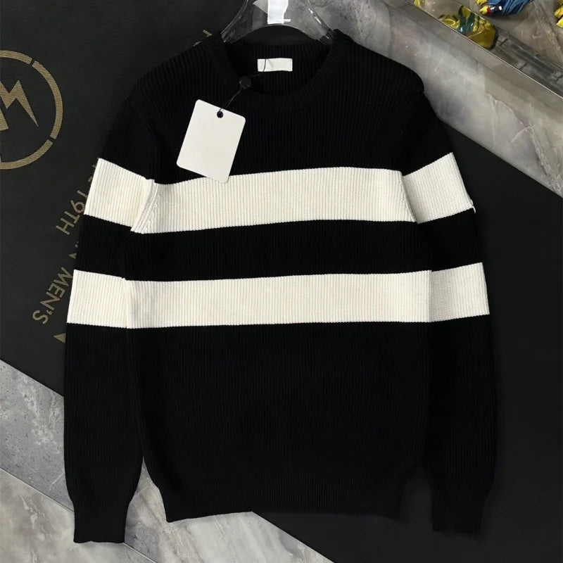 Pull  a rayure tendance pour hommes , automne et hiver, col rond décontracté  chauds