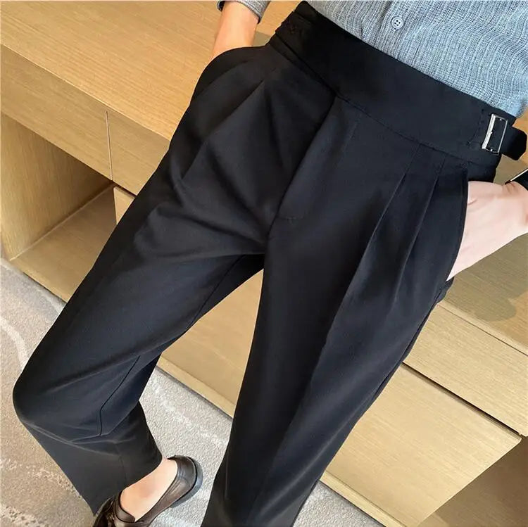 Style britannique hommes taille haute tenue décontractée pantalon hommes ceinture conception mince pantalon formel bureau Social robe de soirée de mariage costume pantalon