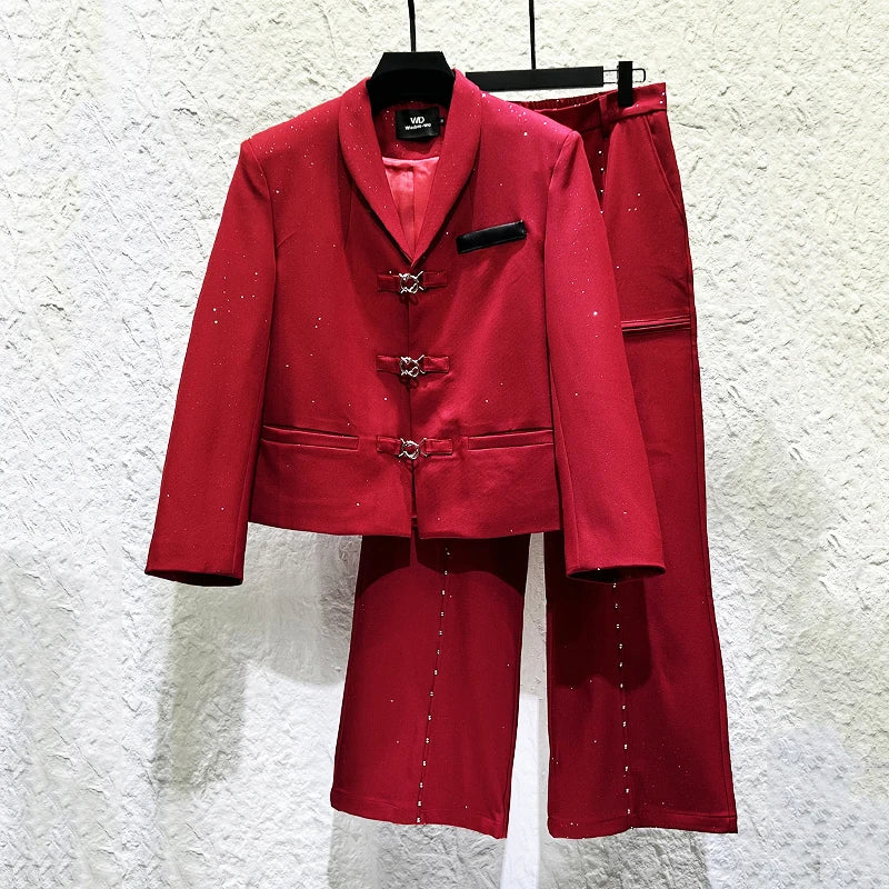 Ensemble de costume pour hommes, veste de costume personnalisée avec boucle en métal, tendance, ample, rivets, pantalon à jambes droites