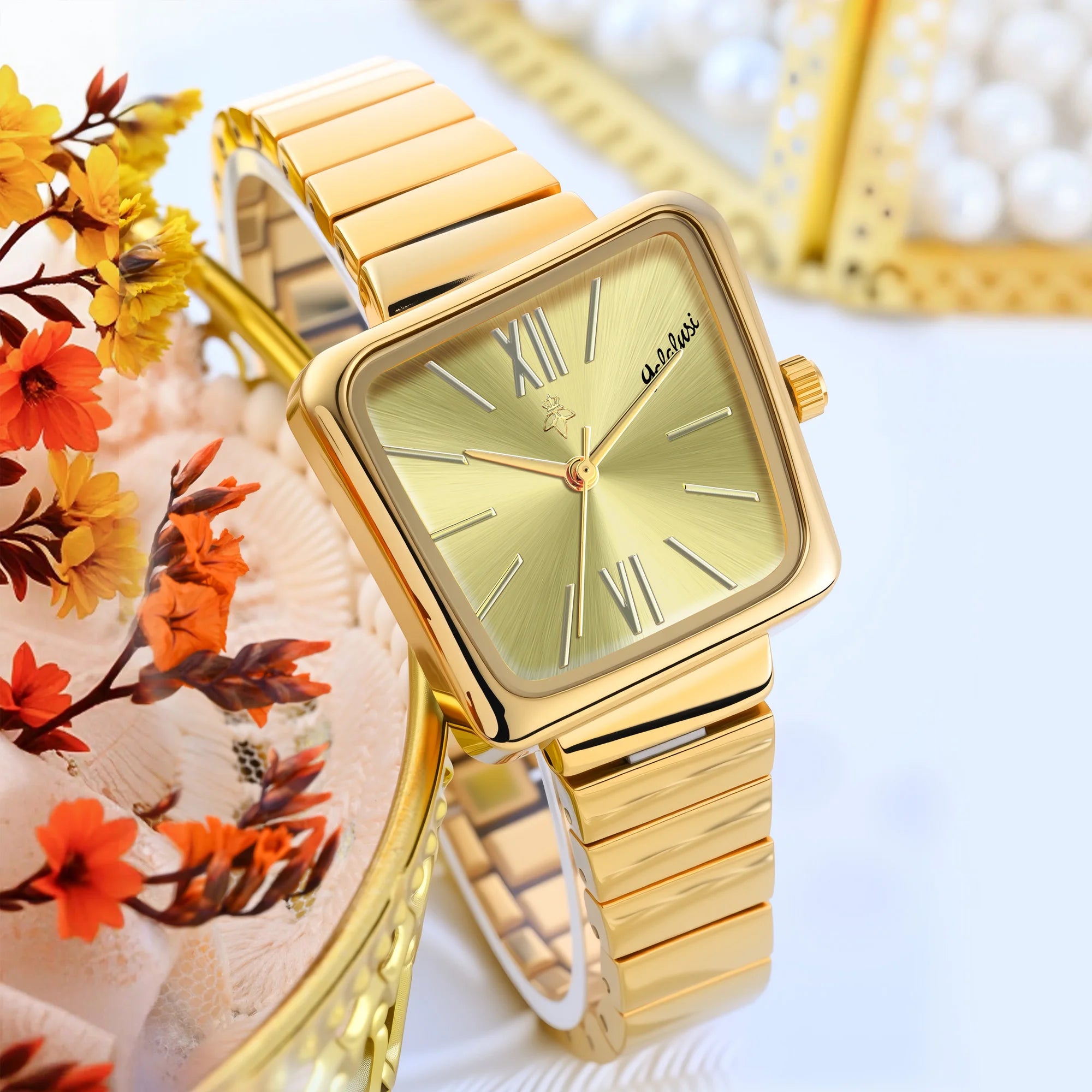 YaLaLuSi Montre à quartz dorée personnalisée pour femme Boîte cadeau de luxe au design minimaliste plaqué or incluse Cadeau parfait pour les femmes