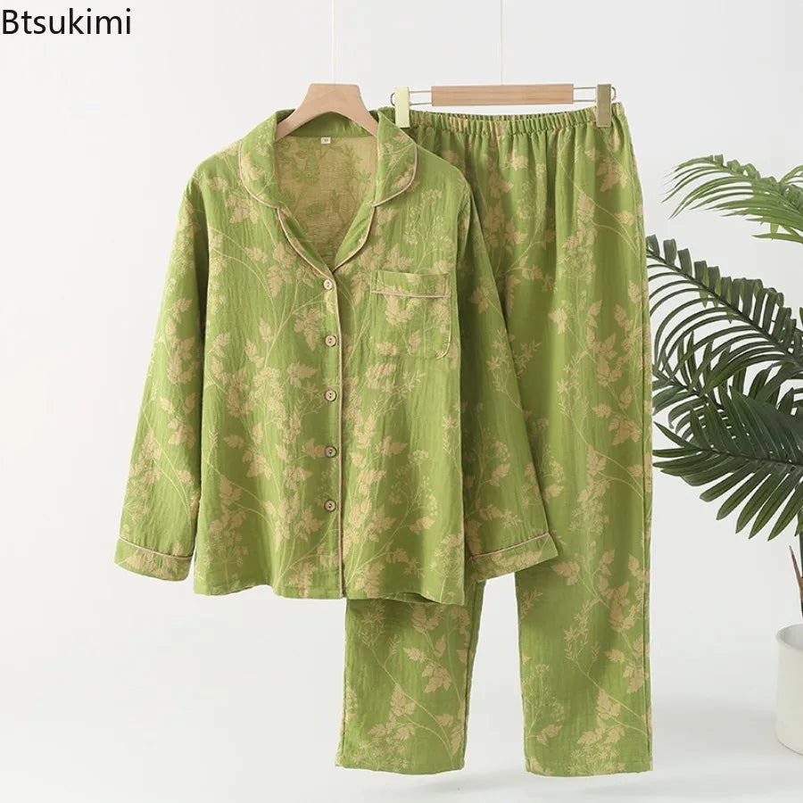 Pyjama rétro Double couche en pur coton pour femmes, ensemble deux pièces à manches longues, vêtements de maison, vêtements de nuit nouvelle collection 2026