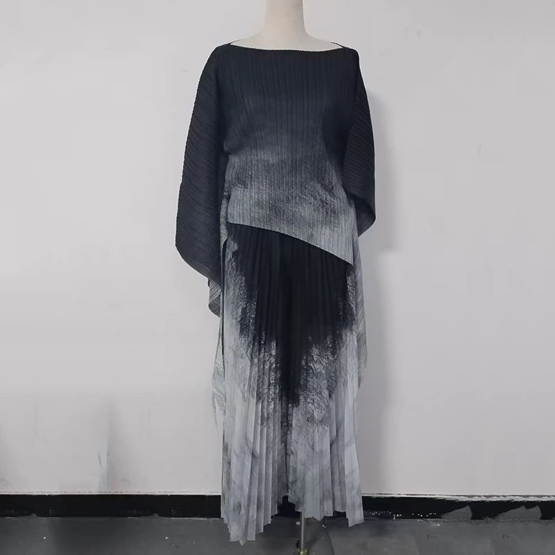 Ensemble femme Chic impression plissée  deux pièces pull irrégulier haut et taille élastique pantalon à jambes larges collection 2026