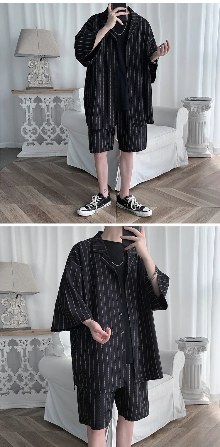 Ensemble de shorts assortis pour hommes, chemises à lettres rayées, tenues à imprimé floral, manches courtes, taille élastique, mince, surdimensionné, été