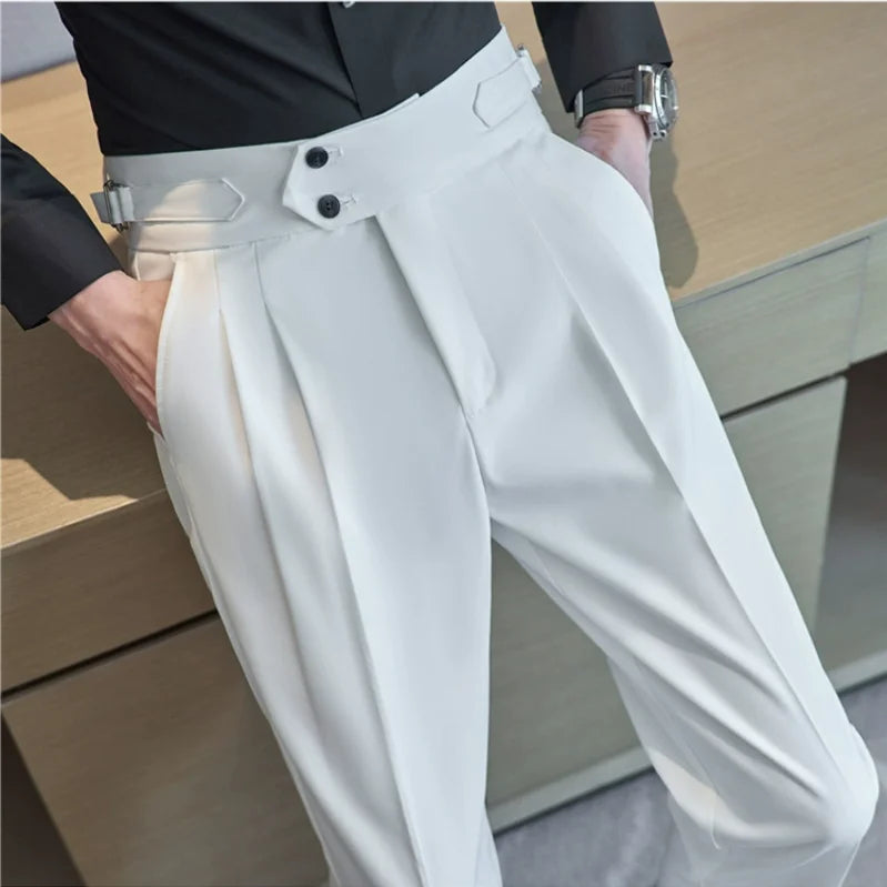 Style britannique hommes taille haute tenue décontractée pantalon hommes ceinture conception mince pantalon formel bureau Social robe de soirée de mariage costume pantalon