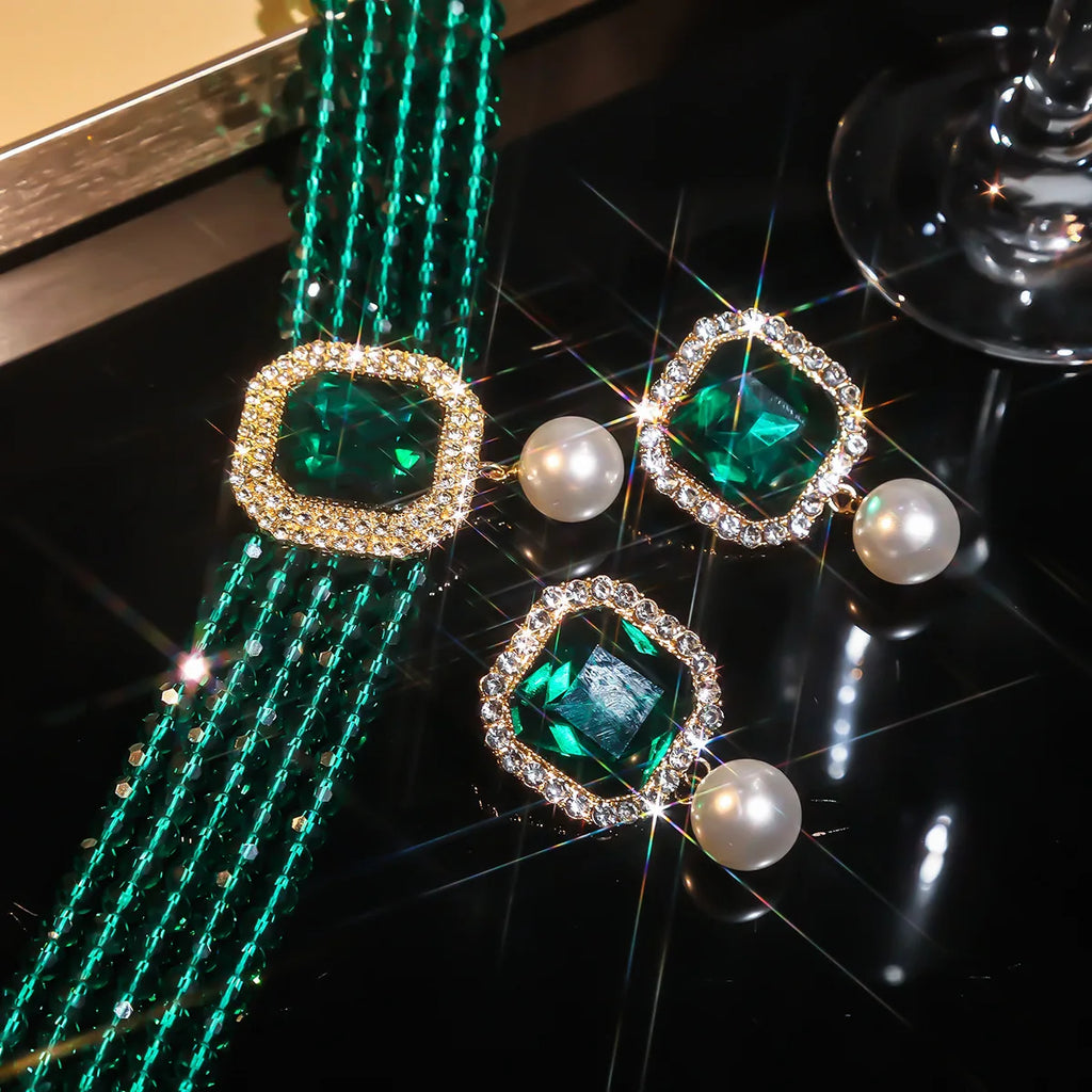 FYUAN-Ensembles de bijoux multicouches pour femmes, collier en cristal, boucles d'oreilles en perles carrées géométriques, banquet de mariage, vert, rouge, bleu, noir