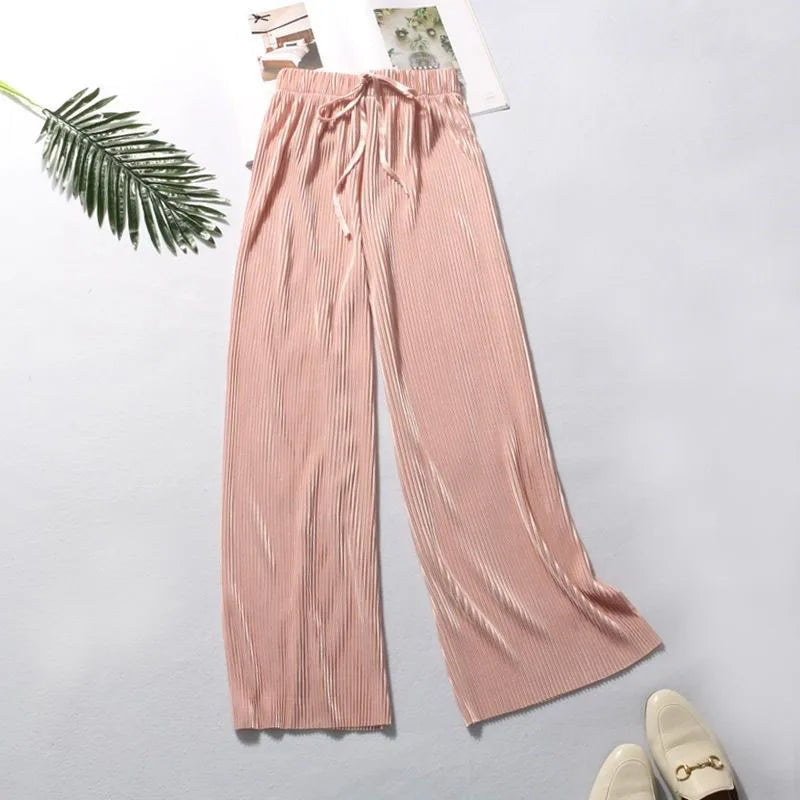 Pantalon d'été plissé en soie pour femmes, couleur unie, taille élastique, jambes larges, décontracté, en mousseline de soi
