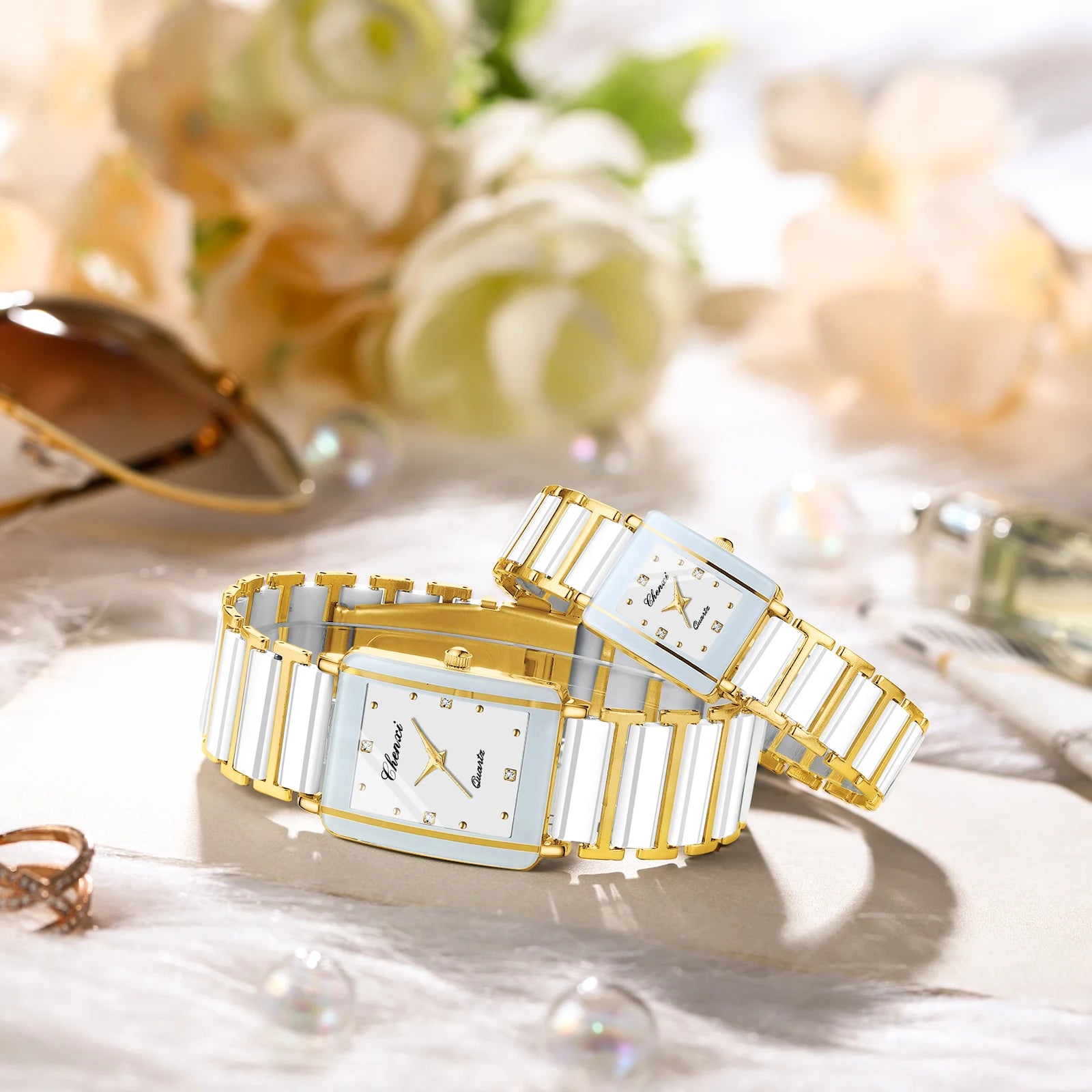 Montre de luxe pour Couple de haute qualité mode cristal cadran rectangulaire montre à Quartz hommes femmes saint valentin cadeau de mariage