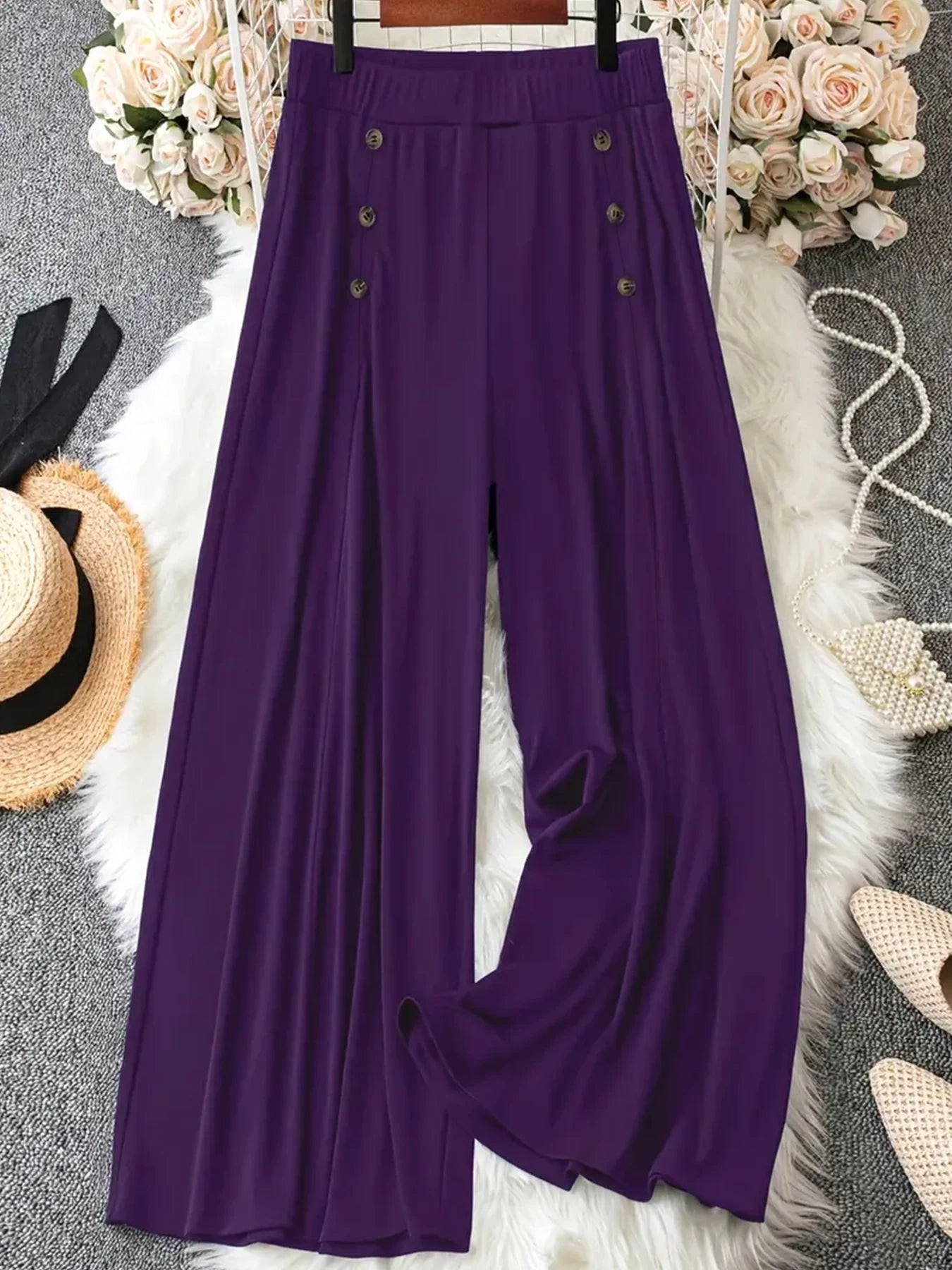 Pantalon taille haute à jambes larges pour femmes, couleur unie, ample, confortable, décontracté, avec boutons décoratifs