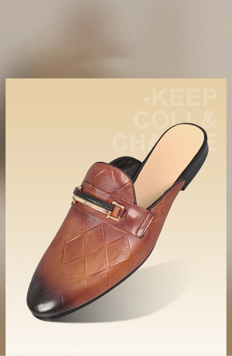 Mules plates pour hommes, pantoufles à enfiler en cuir de vache véritable, mocassins de luxe à motif Gerling, demi-chaussures fermées à bout pointu